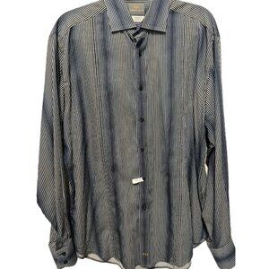 Thomas Dean Mens Shirt Large Button Up Long Sleeve Flip Cuff Blue Striped Cotton